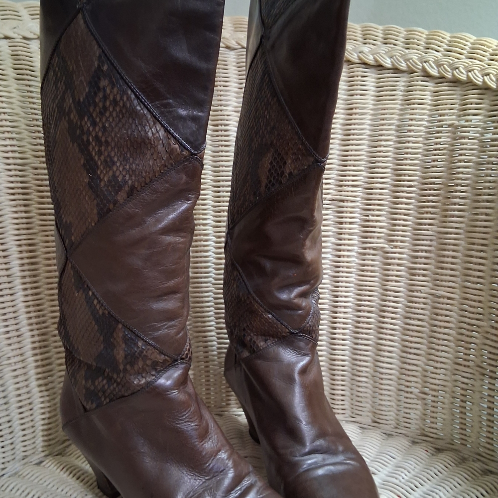 Brown Boa Leather Knee-High Boots